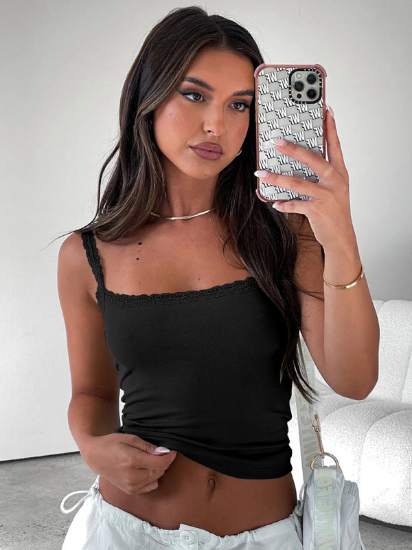 Sexy Versatile Slim Short Lace Stitching Pure Color Tank - THE QUEEN RUNWAY