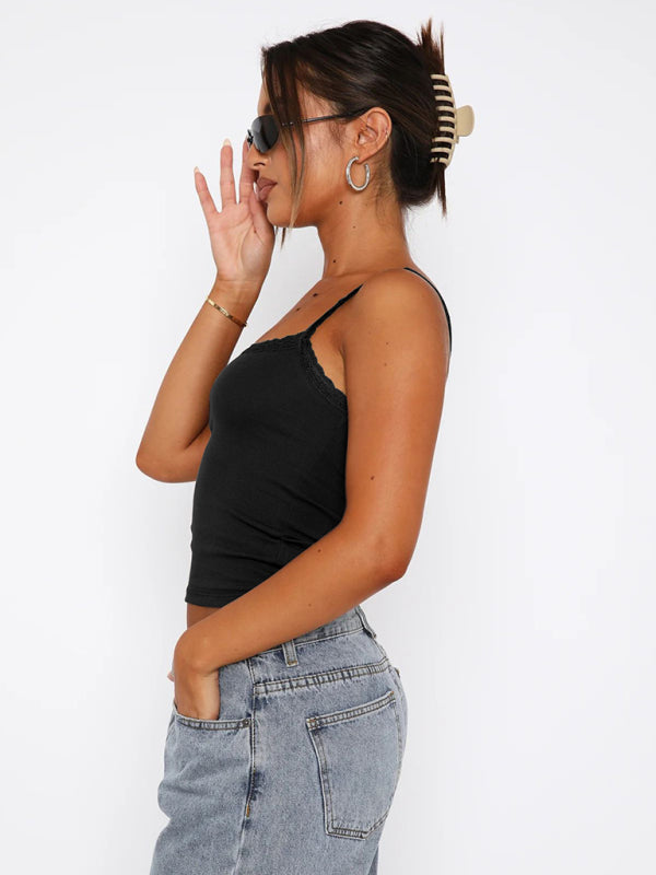 Sexy Versatile Slim Short Lace Stitching Pure Color Tank - THE QUEEN RUNWAY