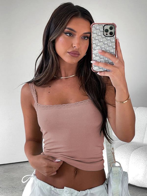 Sexy Versatile Slim Short Lace Stitching Pure Color Tank - THE QUEEN RUNWAY