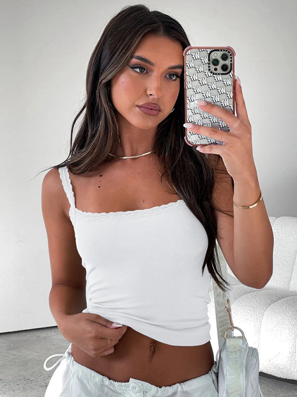 Sexy Versatile Slim Short Lace Stitching Pure Color Tank - THE QUEEN RUNWAY