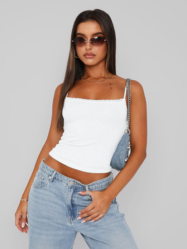 Sexy Versatile Slim Short Lace Stitching Pure Color Tank - THE QUEEN RUNWAY