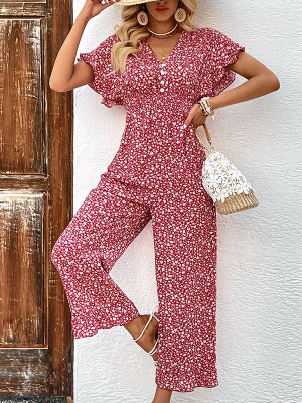 Summer women's fashion red printed European and American jumpsuit - THE QUEEN RUNWAY