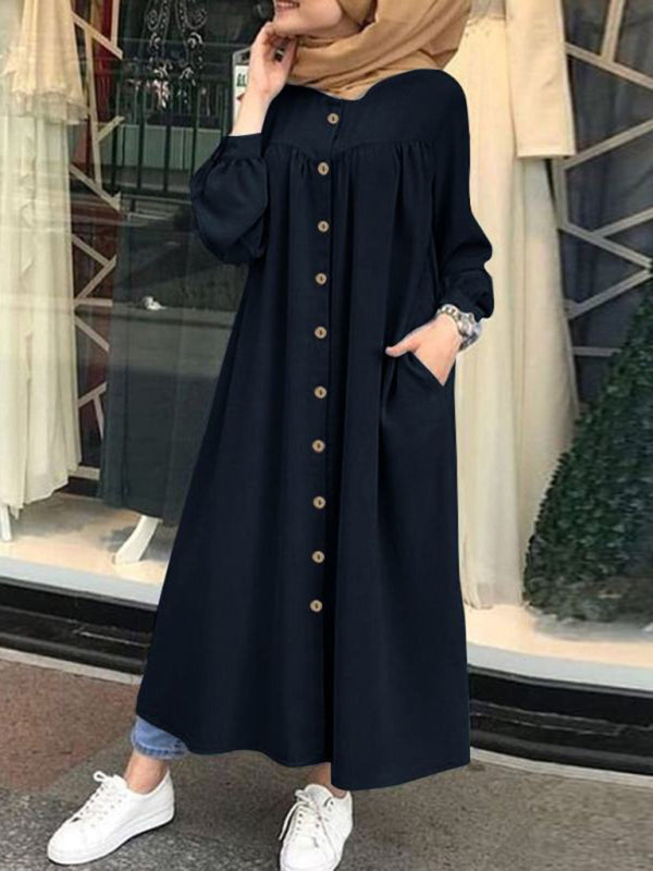 Cardigan Long Sleeve Stand Collar Swing Dress - THE QUEEN RUNWAY