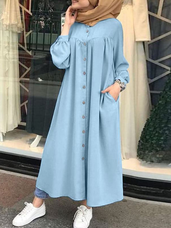 Cardigan Long Sleeve Stand Collar Swing Dress - THE QUEEN RUNWAY