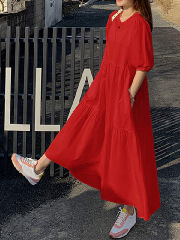Elegant short-sleeved round neck A-line dress - THE QUEEN RUNWAY
