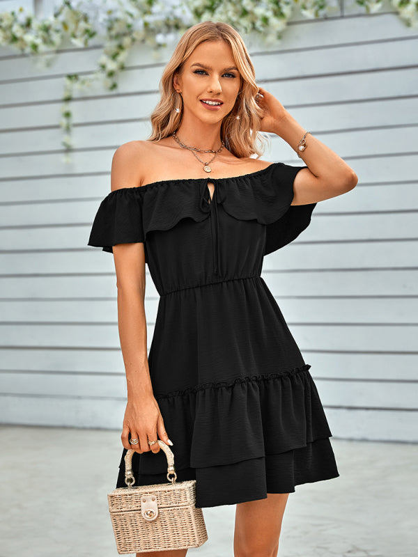 Spring and summer casual strapless ruffled solid color dress - THE QUEEN RUNWAY