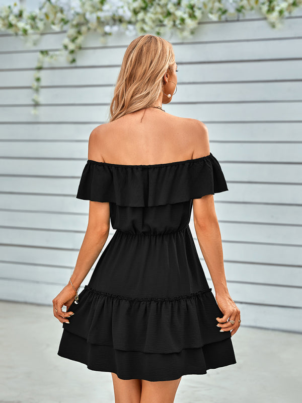 Spring and summer casual strapless ruffled solid color dress - THE QUEEN RUNWAY