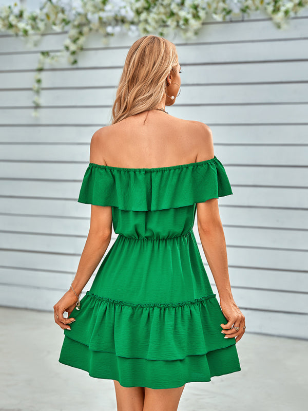 Spring and summer casual strapless ruffled solid color dress - THE QUEEN RUNWAY