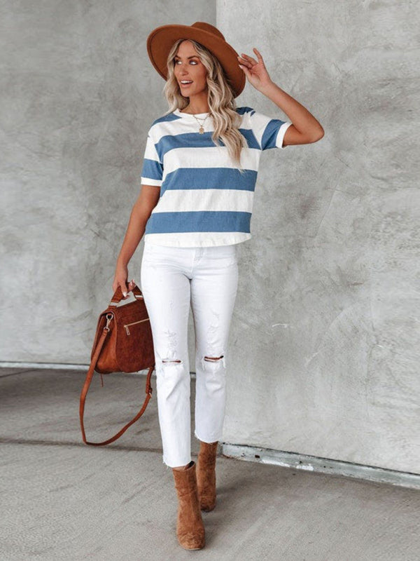 Fashionable blue and white stripe print round neck short-sleeved casual T-shirt - THE QUEEN RUNWAY