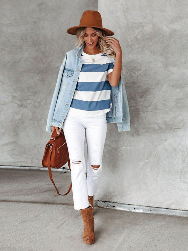 Fashionable blue and white stripe print round neck short-sleeved casual T-shirt - THE QUEEN RUNWAY