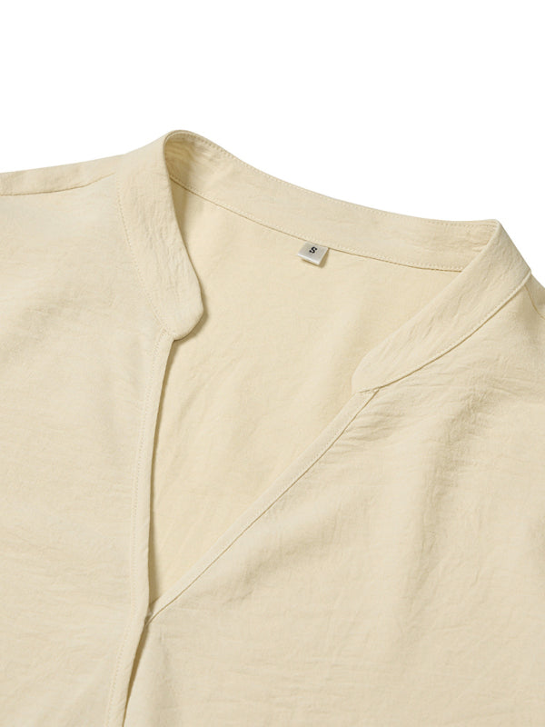 Women's Casual V Neck Solid Color Loose Rolled Long Sleeve Top - THE QUEEN RUNWAY