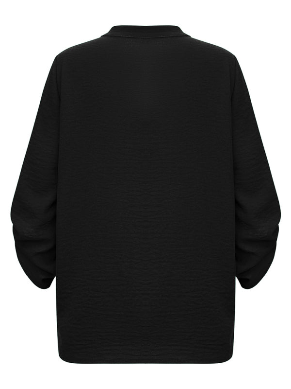 Women's Casual V Neck Solid Color Loose Rolled Long Sleeve Top - THE QUEEN RUNWAY