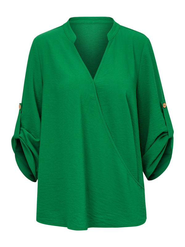 Women's Casual V Neck Solid Color Loose Rolled Long Sleeve Top - THE QUEEN RUNWAY