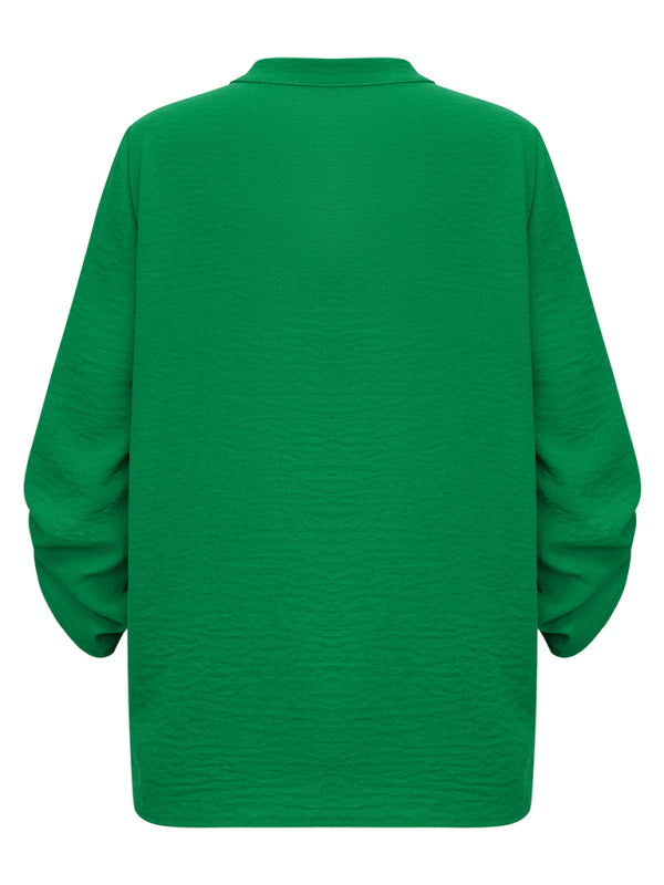 Women's Casual V Neck Solid Color Loose Rolled Long Sleeve Top - THE QUEEN RUNWAY