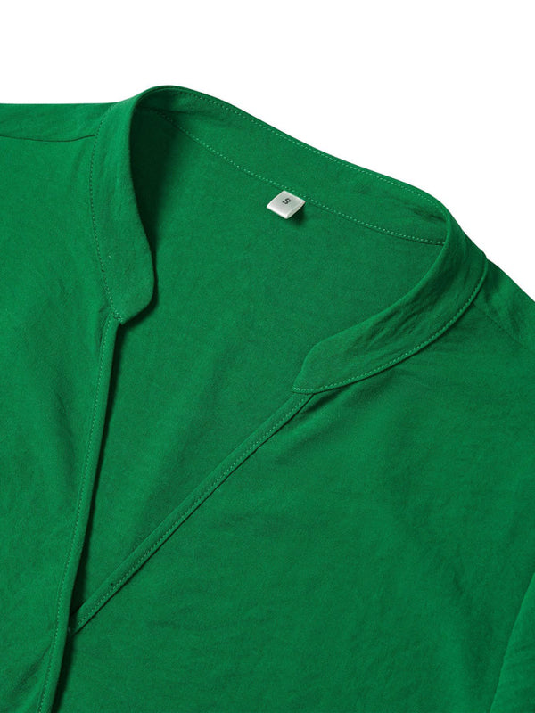 Women's Casual V Neck Solid Color Loose Rolled Long Sleeve Top - THE QUEEN RUNWAY