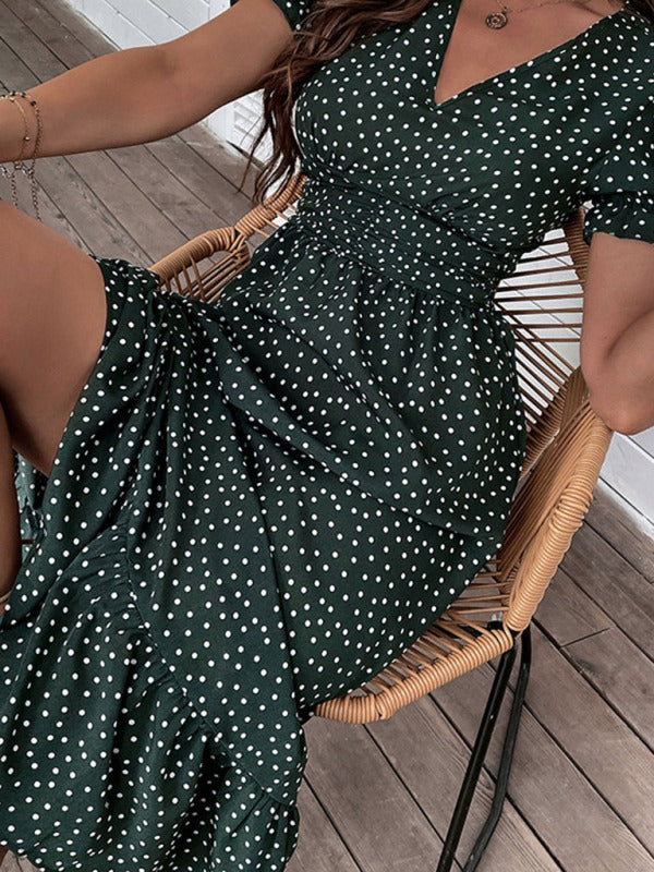 New women's casual holiday polka dot v-neck mid-length dress - THE QUEEN RUNWAY