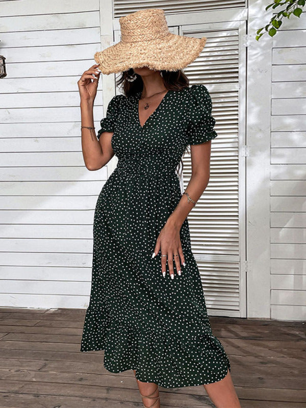 New women's casual holiday polka dot v-neck mid-length dress - THE QUEEN RUNWAY