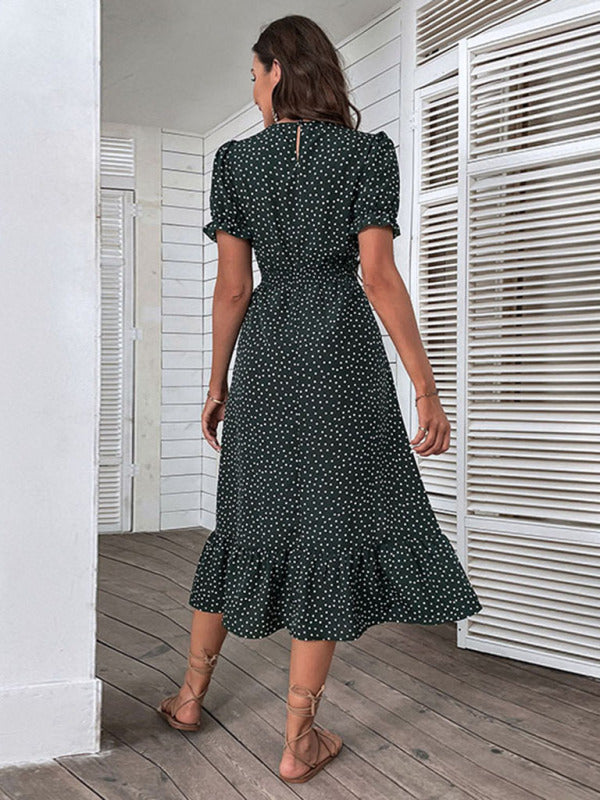 New women's casual holiday polka dot v-neck mid-length dress - THE QUEEN RUNWAY