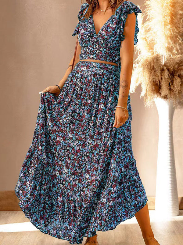 New V-neck short-sleeved pullover floral waist slimming irregular dress - THE QUEEN RUNWAY
