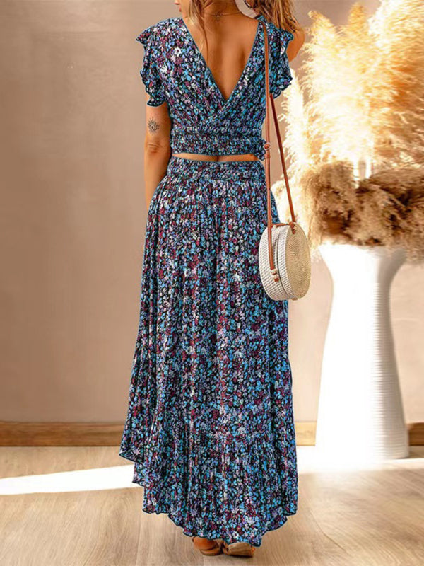 New V-neck short-sleeved pullover floral waist slimming irregular dress - THE QUEEN RUNWAY
