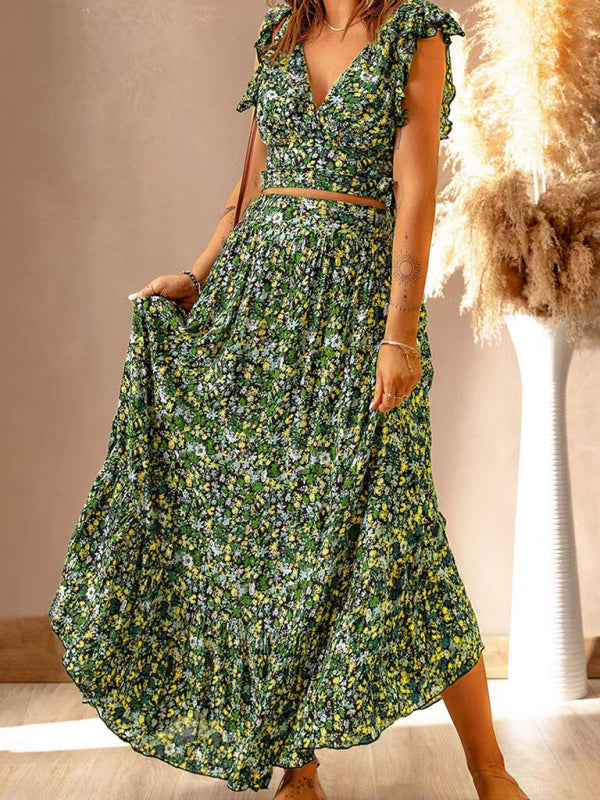 New V-neck short-sleeved pullover floral waist slimming irregular dress - THE QUEEN RUNWAY