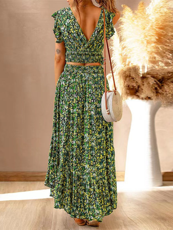 New V-neck short-sleeved pullover floral waist slimming irregular dress - THE QUEEN RUNWAY