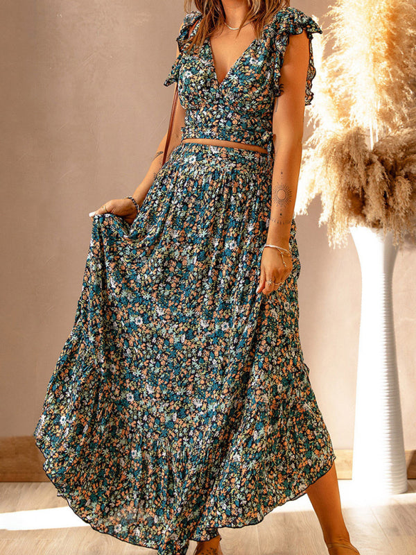 New V-neck short-sleeved pullover floral waist slimming irregular dress - THE QUEEN RUNWAY