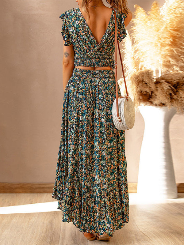 New V-neck short-sleeved pullover floral waist slimming irregular dress - THE QUEEN RUNWAY