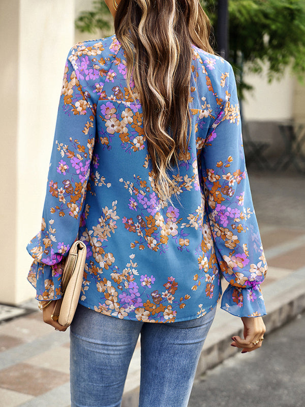 Elegant commuter plant print stitching ruffled shirt - THE QUEEN RUNWAY