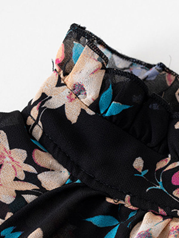 Elegant commuter plant print stitching ruffled shirt - THE QUEEN RUNWAY