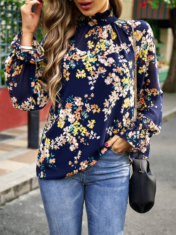 Elegant commuter plant print stitching ruffled shirt - THE QUEEN RUNWAY