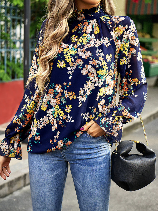 Elegant commuter plant print stitching ruffled shirt - THE QUEEN RUNWAY