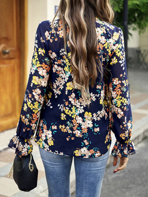 Elegant commuter plant print stitching ruffled shirt - THE QUEEN RUNWAY