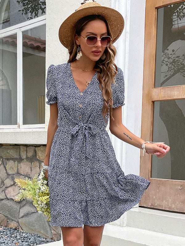 New Fashion Print Button V Neck Tie Dress - THE QUEEN RUNWAY