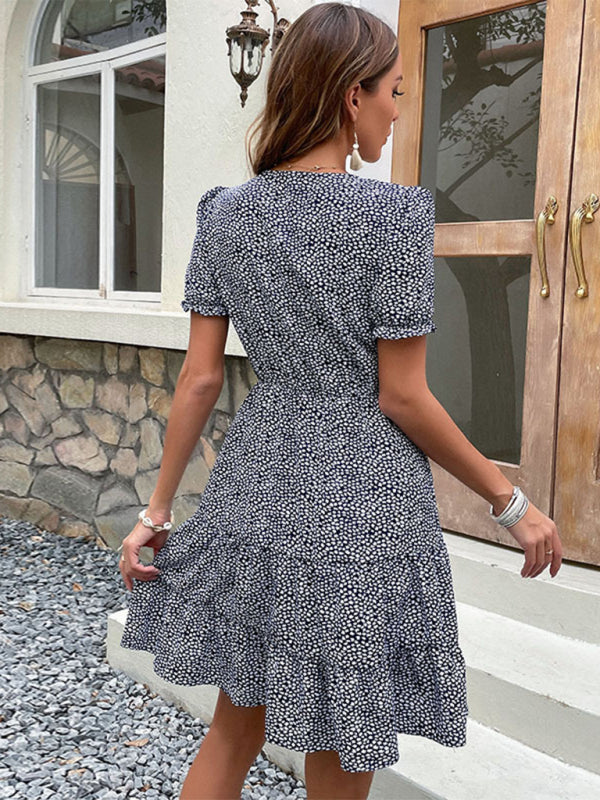 New Fashion Print Button V Neck Tie Dress - THE QUEEN RUNWAY