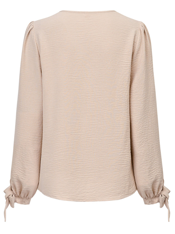 Women's Casual V Neck Long Sleeve Solid Color Slim Top - THE QUEEN RUNWAY