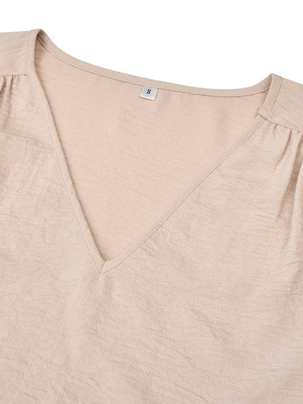 Women's Casual V Neck Long Sleeve Solid Color Slim Top - THE QUEEN RUNWAY