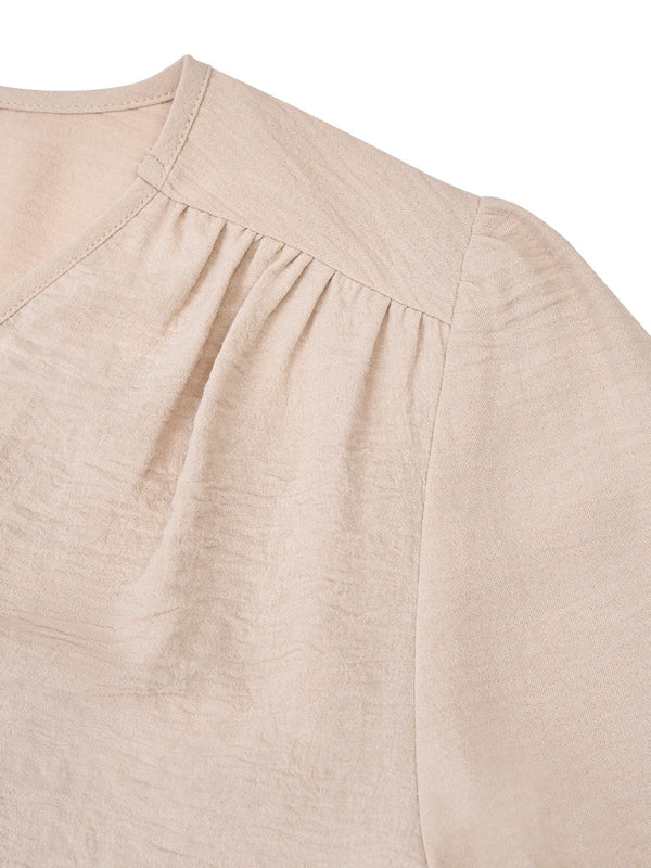 Women's Casual V Neck Long Sleeve Solid Color Slim Top - THE QUEEN RUNWAY