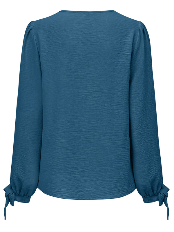 Women's Casual V Neck Long Sleeve Solid Color Slim Top - THE QUEEN RUNWAY