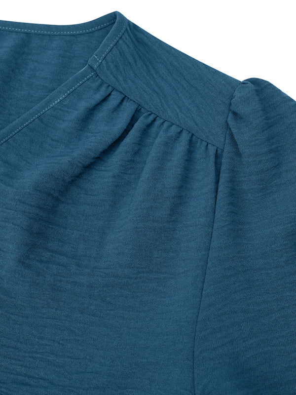 Women's Casual V Neck Long Sleeve Solid Color Slim Top - THE QUEEN RUNWAY