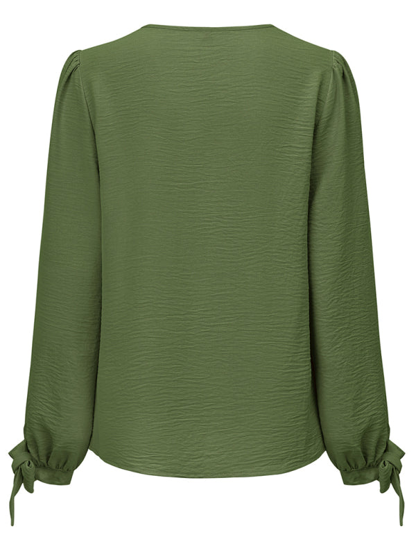 Women's Casual V Neck Long Sleeve Solid Color Slim Top - THE QUEEN RUNWAY