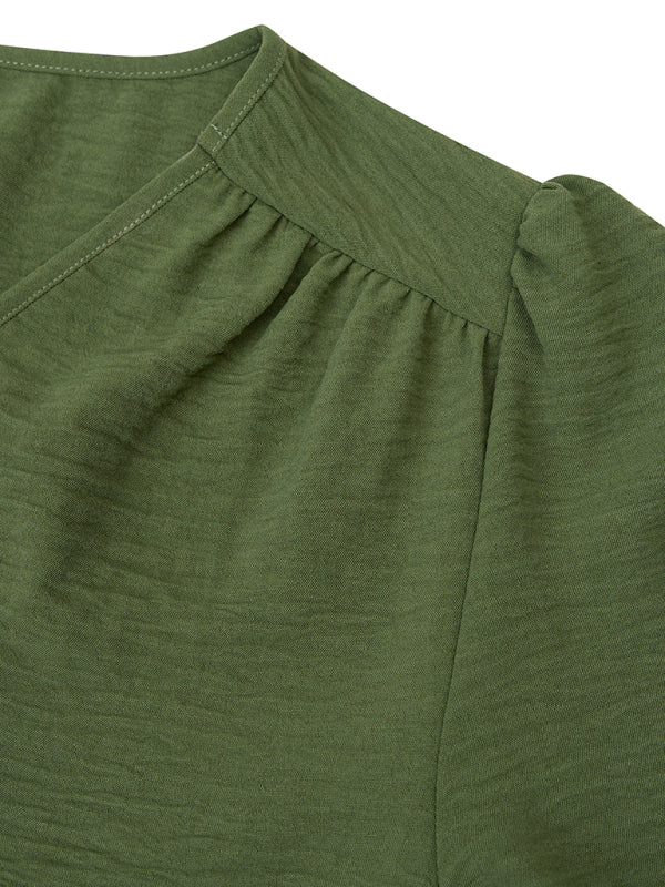 Women's Casual V Neck Long Sleeve Solid Color Slim Top - THE QUEEN RUNWAY