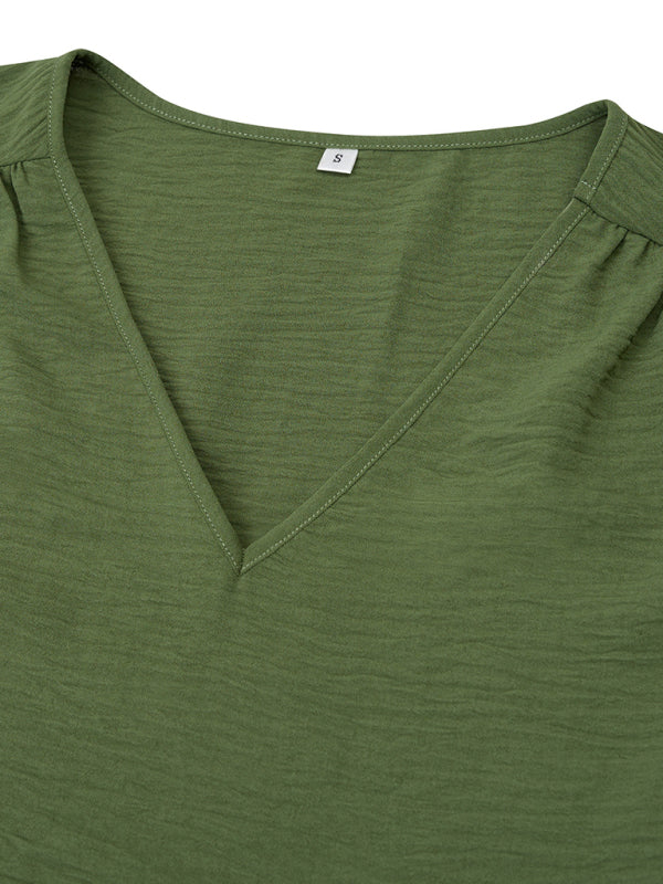 Women's Casual V Neck Long Sleeve Solid Color Slim Top - THE QUEEN RUNWAY