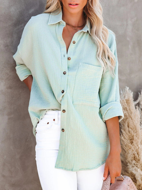 Simple long-sleeved V-neck button-down shirt for women - THE QUEEN RUNWAY
