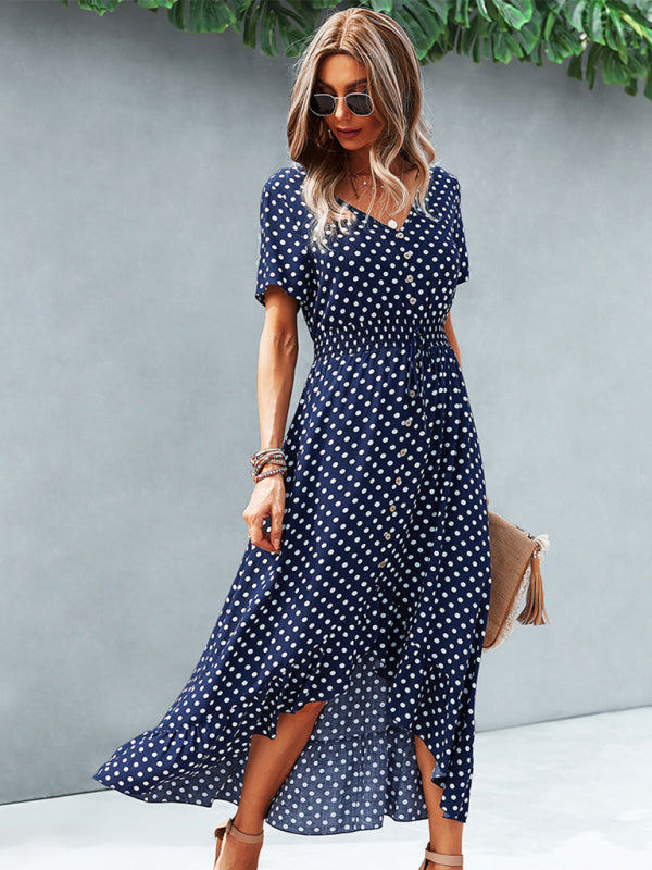 Women's Polka Dot Skirt Front Short Back Long Middle Length Swing Skirt Dress - THE QUEEN RUNWAY