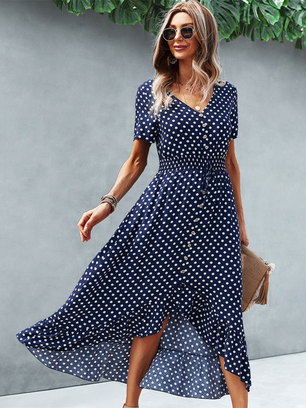 Women's Polka Dot Skirt Front Short Back Long Middle Length Swing Skirt Dress - THE QUEEN RUNWAY