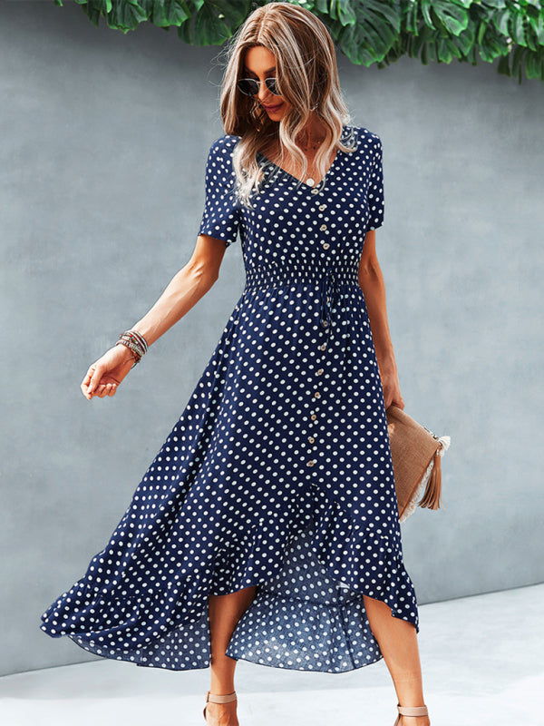 Women's Polka Dot Skirt Front Short Back Long Middle Length Swing Skirt Dress - THE QUEEN RUNWAY