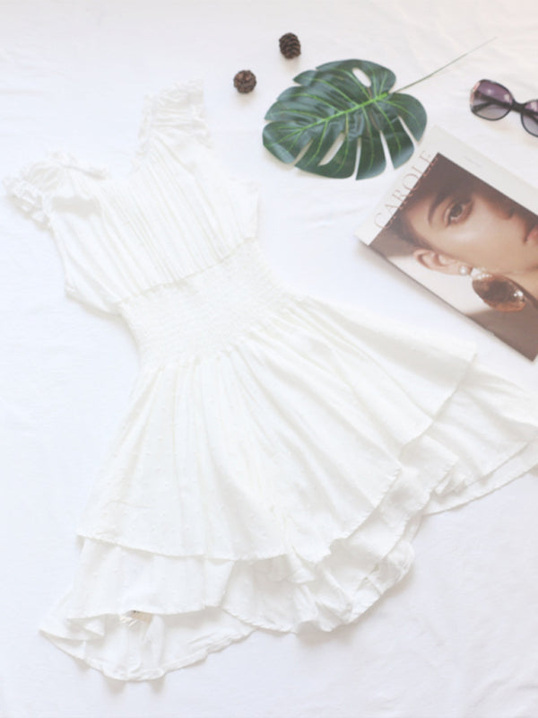 Wood ear side pleated sleeves waist tight irregular hem cake skirt dress - THE QUEEN RUNWAY