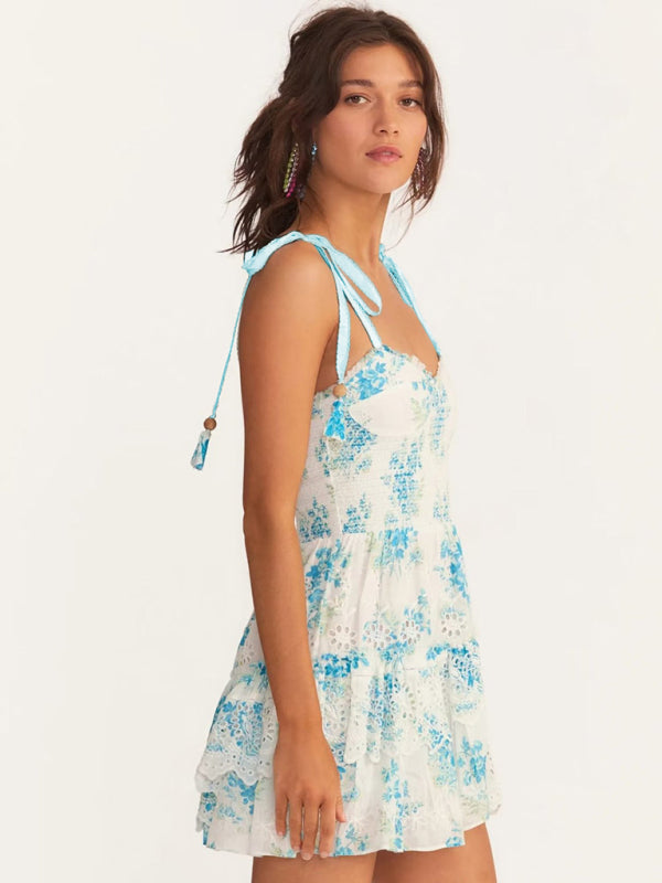 Women's Embroidered Strap Beaded Wooden Ear Printed Sling Dress - THE QUEEN RUNWAY