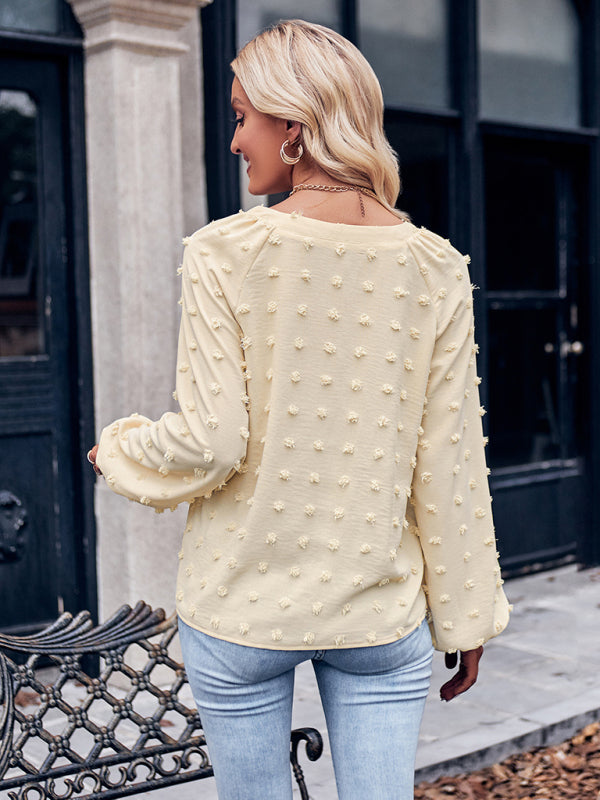 Women's new jacquard V-neck long-sleeved V-neck loose top - THE QUEEN RUNWAY